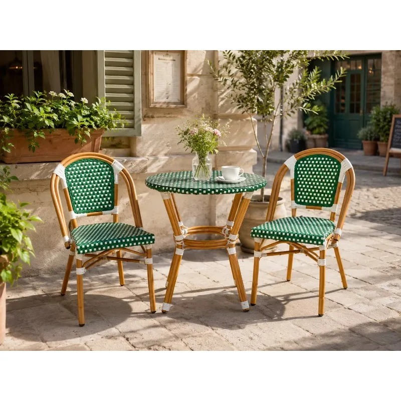 Outdoor Furniture Warehouse - 商業用モダンな屋外フレンチビストロテーブルと椅子セット、PEラタン製、倉庫家具、カフェ用の椅子とテーブル、コーヒーテーブル。