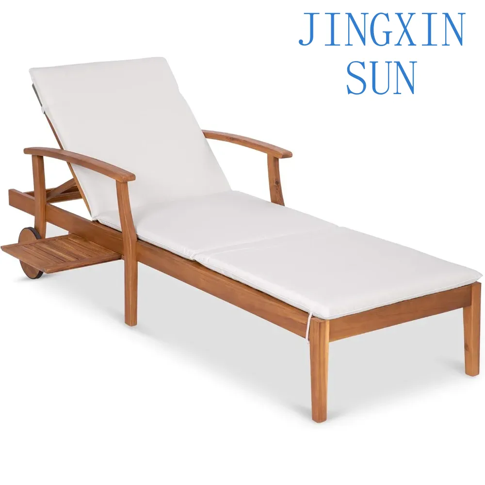 Outdoor Furniture Without Cushions - 79x26インチ アカシア材製長椅子リクライニングチェア、パティオ用屋外家具、アウトサイドテーブル、フォームパッド入りクッション、ホイール - クリーム