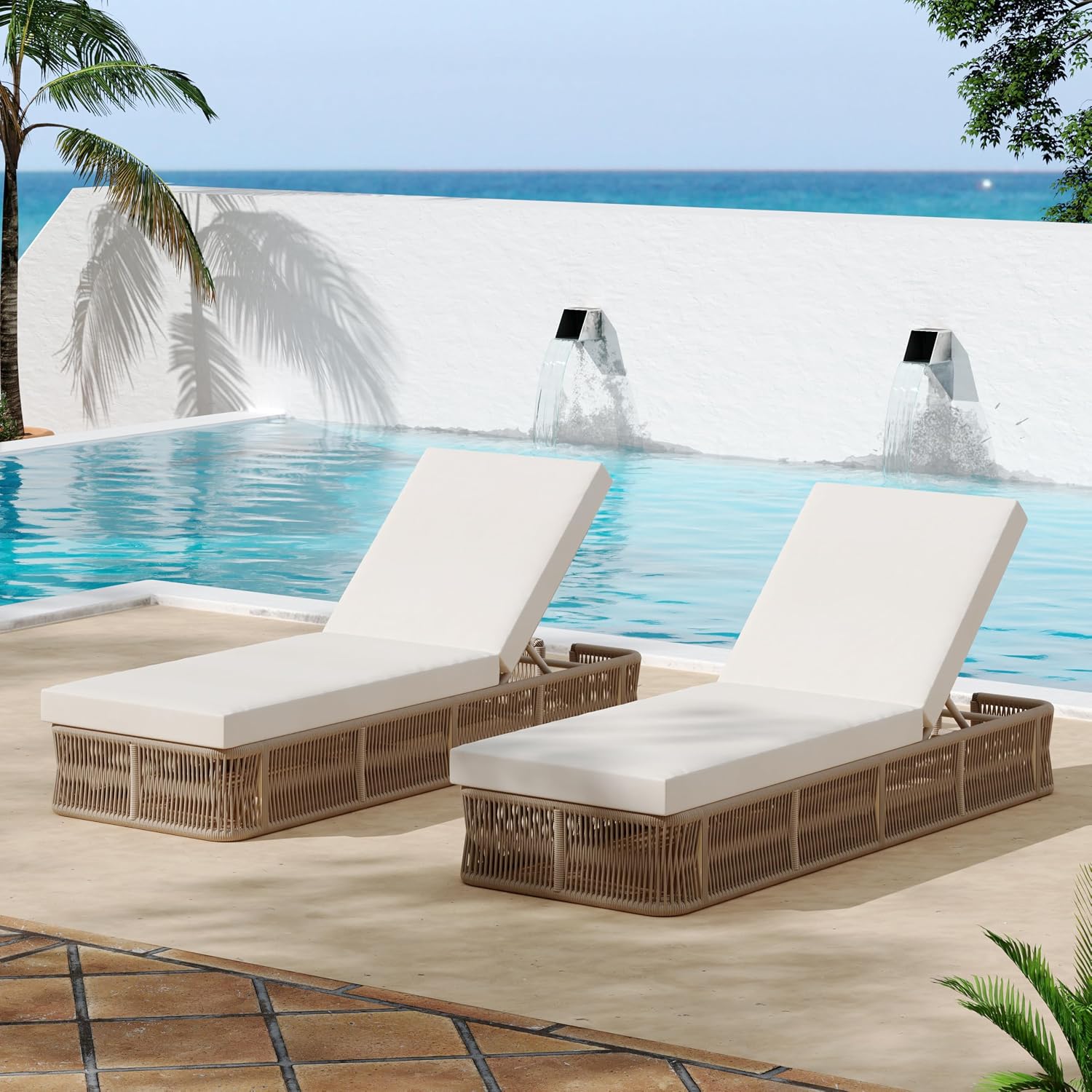 織りロープ製ラウンジチェア、5段階調整可能な背もたれ、金属製 - Outdoor Furniture Without Cushions のレビューと価格