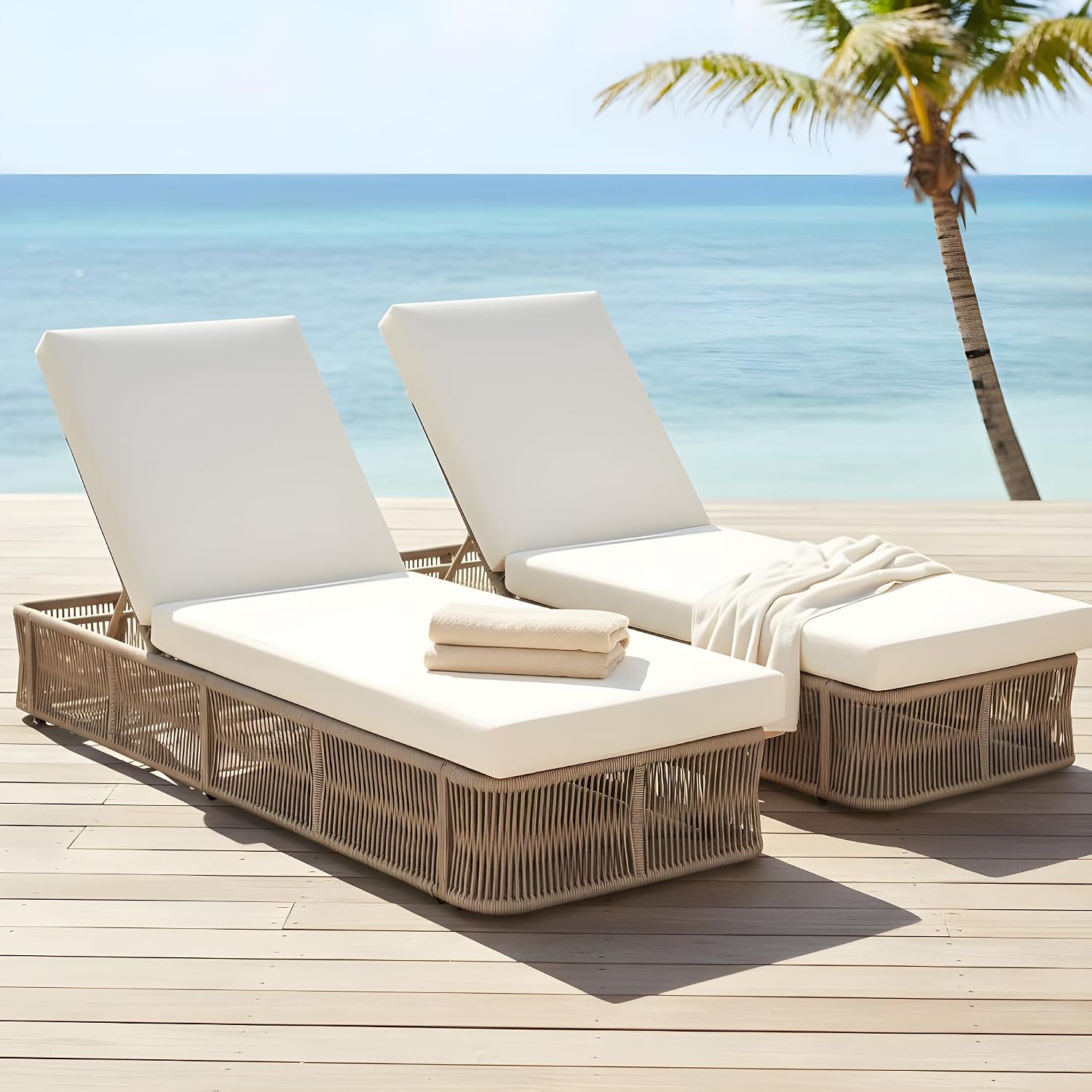織りロープ製ラウンジチェア、5段階調整可能な背もたれ、金属製 - Outdoor Furniture Without Cushions のレビューと価格