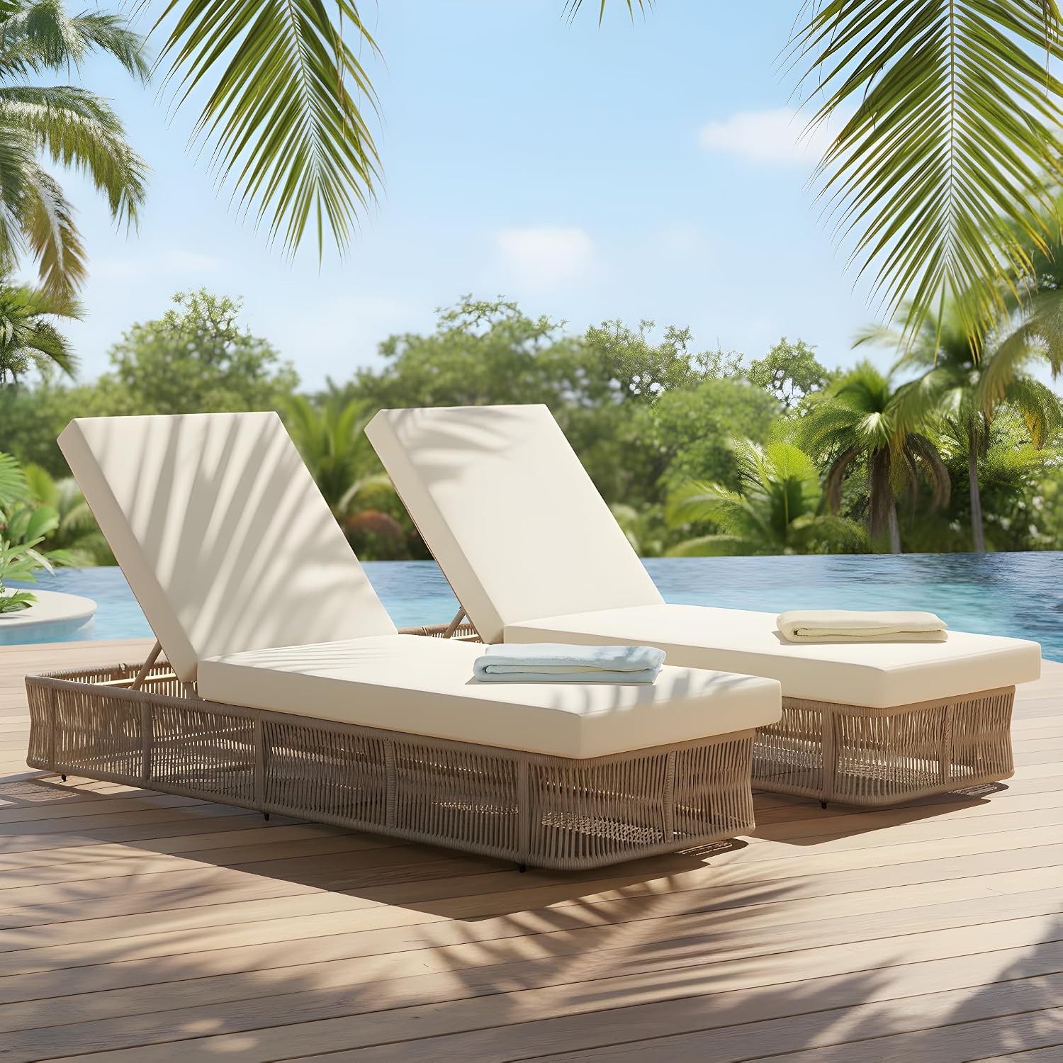 織りロープ製ラウンジチェア、5段階調整可能な背もたれ、金属製 - Outdoor Furniture Without Cushions のレビューと価格